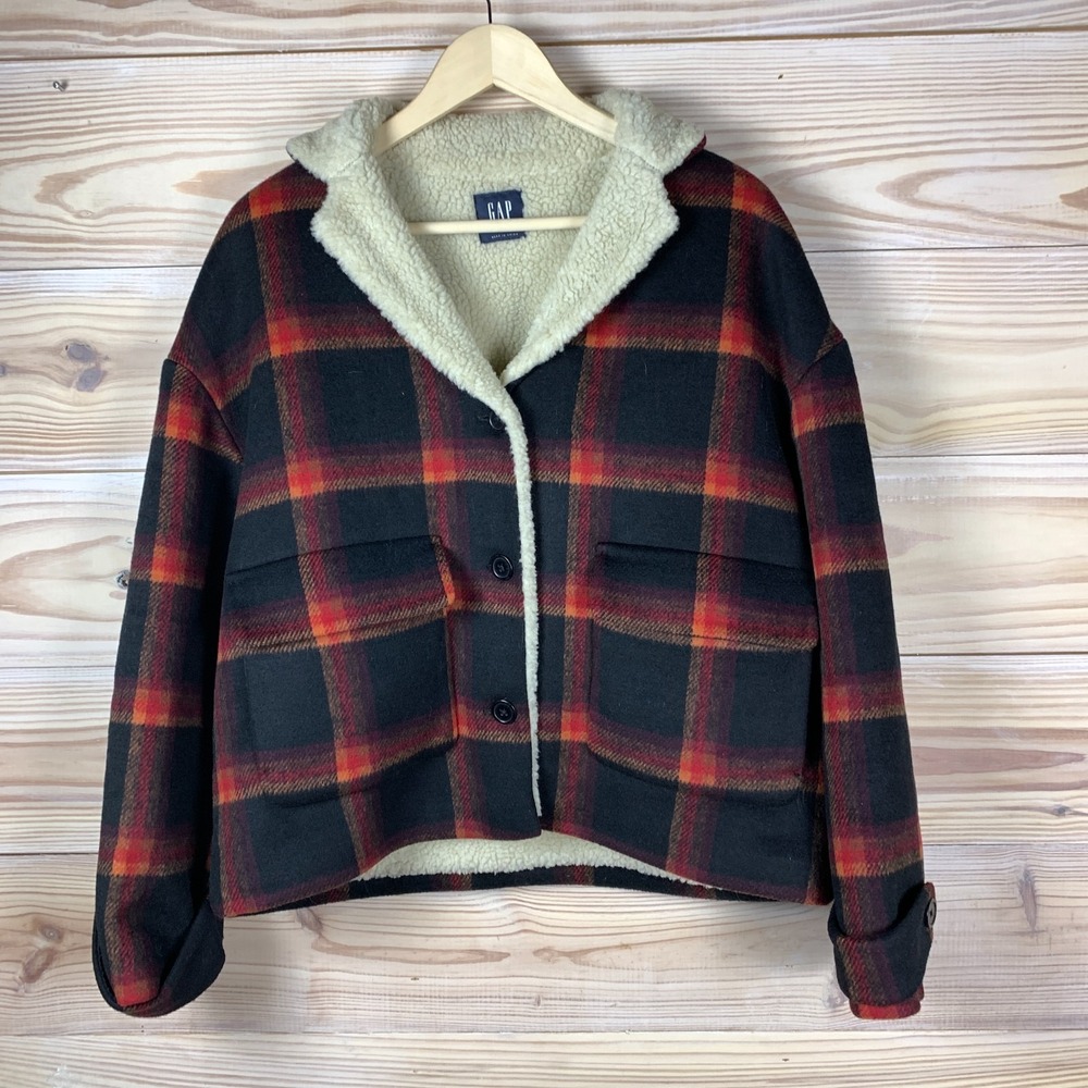 Gap‎ Jacket Womens Large Cropped Sherpa Windowpane Plaid Wool Big Pocket